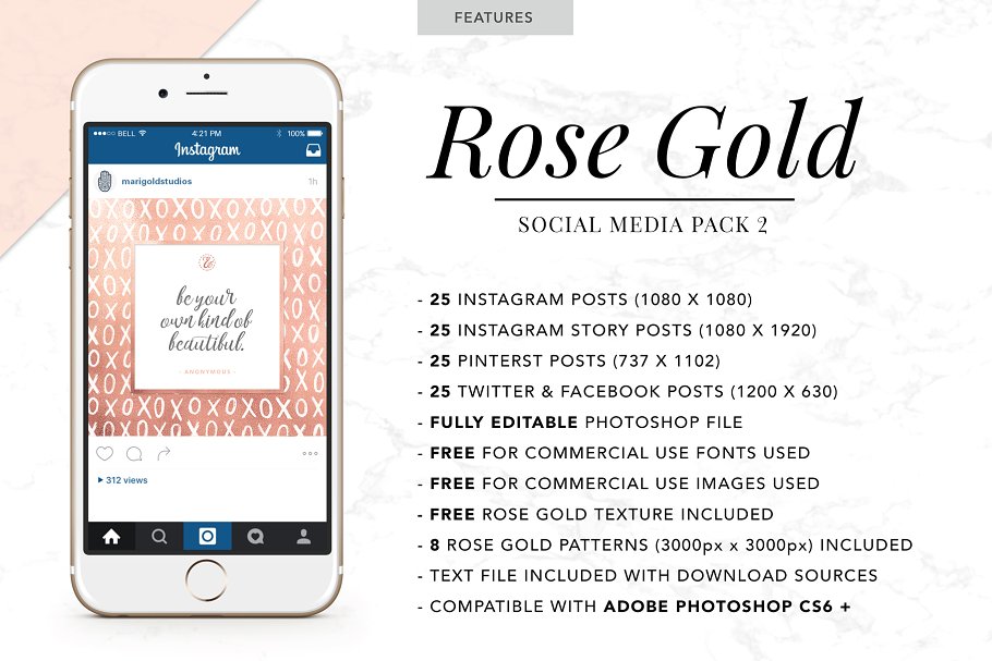 女性化社交媒体贴图模板16设计网精选 ROSE GOLD | Social Media Pack 2插图(1)