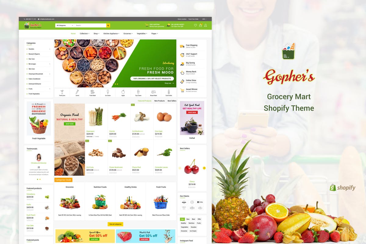 杂货店外贸网站Shopify商城主题模板16设计网精选 Gopher’s | Grocery, Shopping  Shopify Theme插图