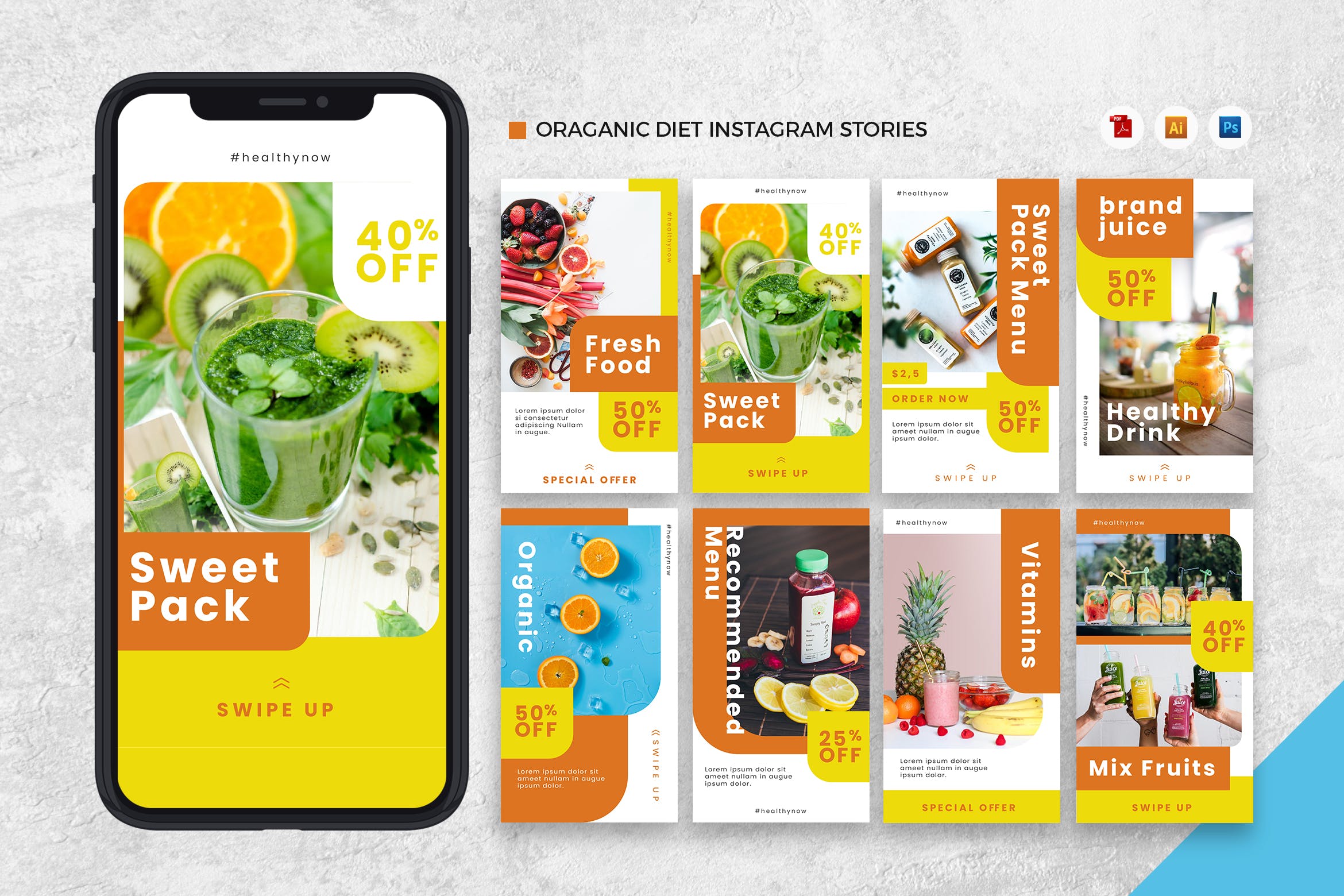 有机食物品牌Instagram社交推广设计素材[AI&PSD] Organic Diet Instagram Stories AI and PSD Template插图