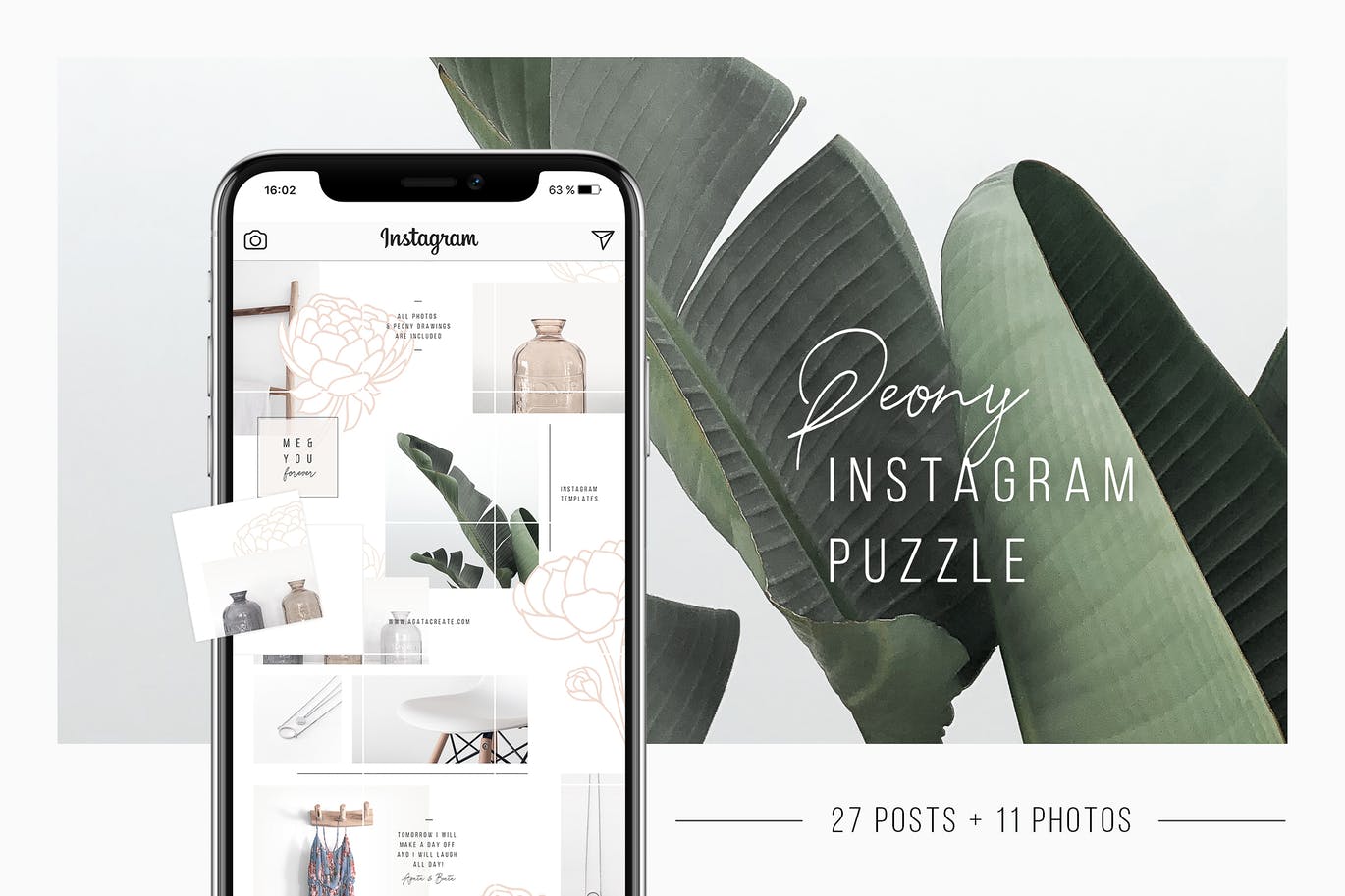 Instagram社交平台拼图设计风格贴图模板16图库精选 Peony Instagram Puzzle Template + 11 Photos插图