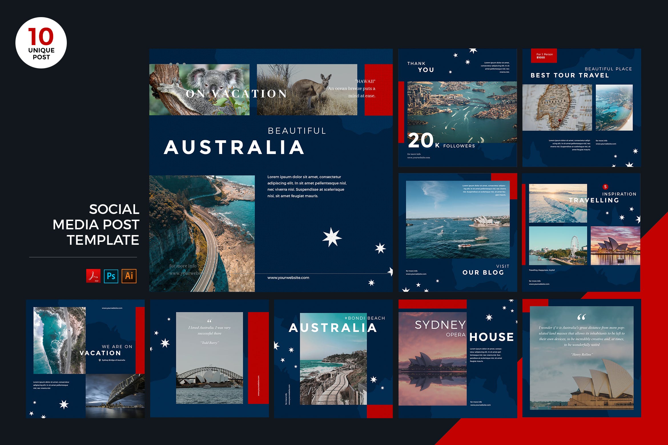 澳大利亚旅游推广社交媒体PSD&AI模板16图库精选 Travel To Australia Social Media Kit PSD & AI插图