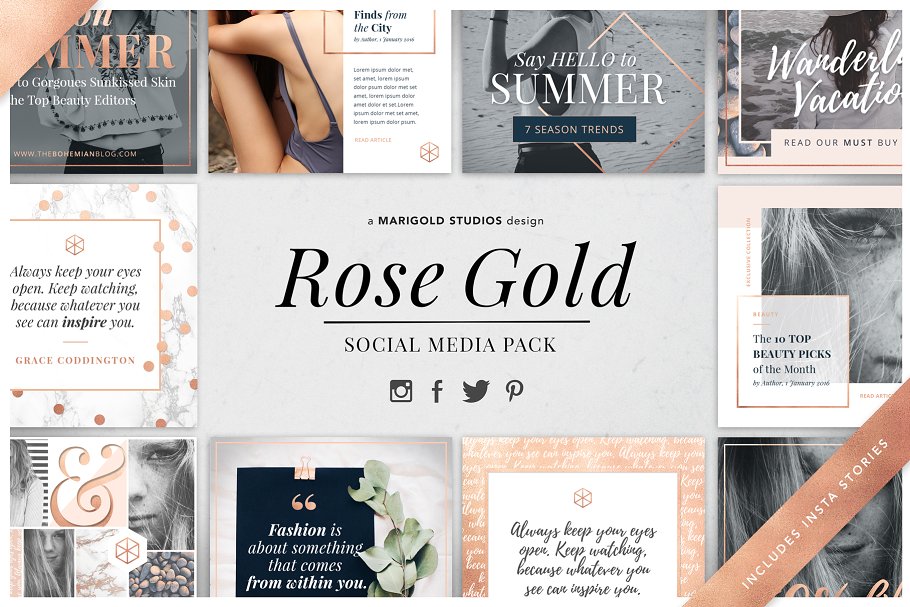 轻奢玫瑰金主题社交媒体贴图模板素材库精选 ROSE GOLD | Social Media Pack插图