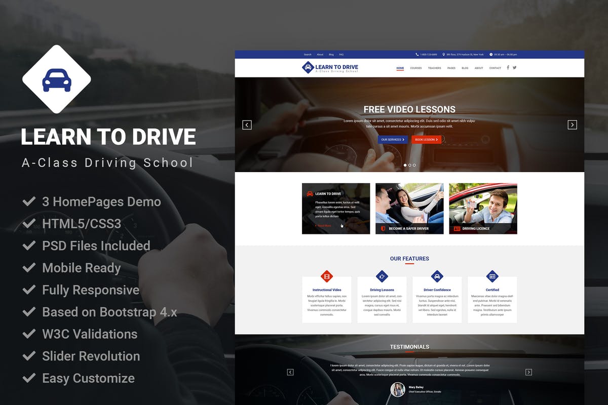 驾驶培训驾校网站设计模板素材库精选 LearnToDrive | Driving School & Lessons Template插图