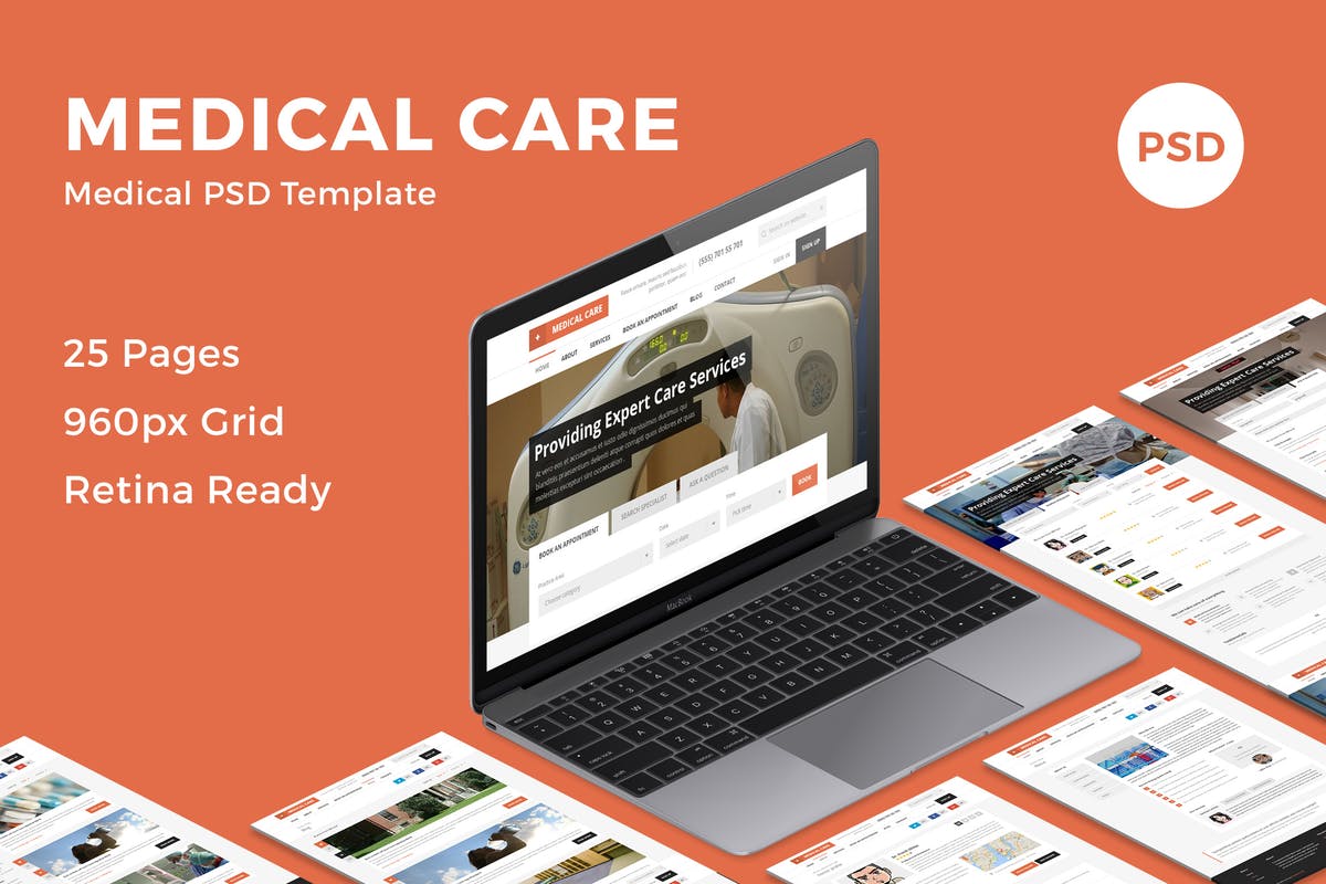 医疗保健医学主题网站设计PSD模板素材库精选 Medical Care – Medical PSD Template插图