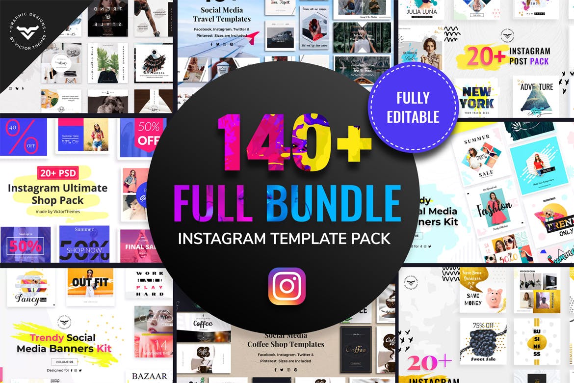 140+Instagram社交网站方形广告图设计PSD模板素材库精选 Instagram Post Templates Full Bundle插图(1)