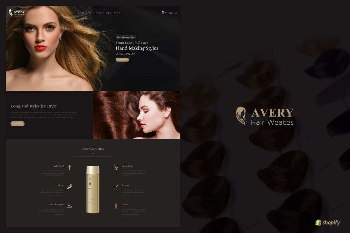 假发/化妆品/护肤品网上商城Shopify主题模板素材库精选 Avery | Hair Wig Shopify Theme插图
