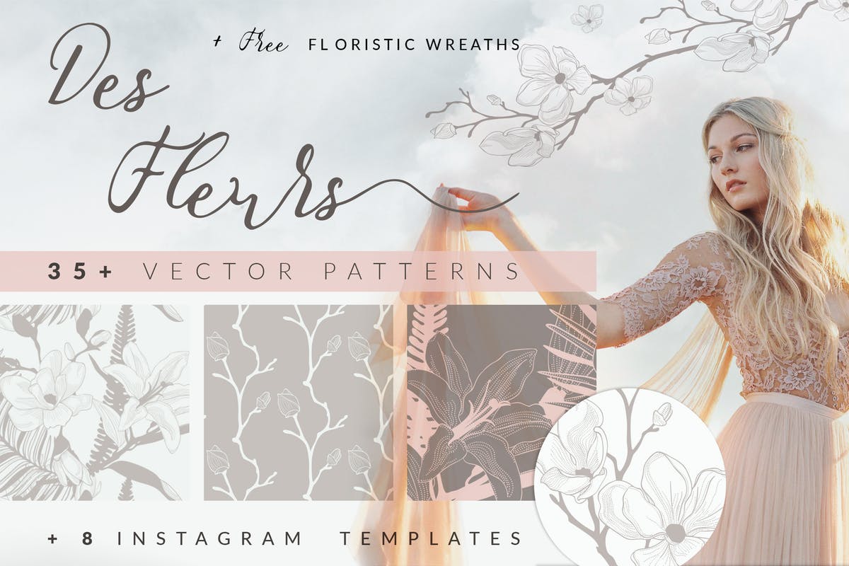 35+优雅手绘花卉图案纹理Instagram贴图模板16图库精选 35+ Patterns & 8 Instagram Templates插图