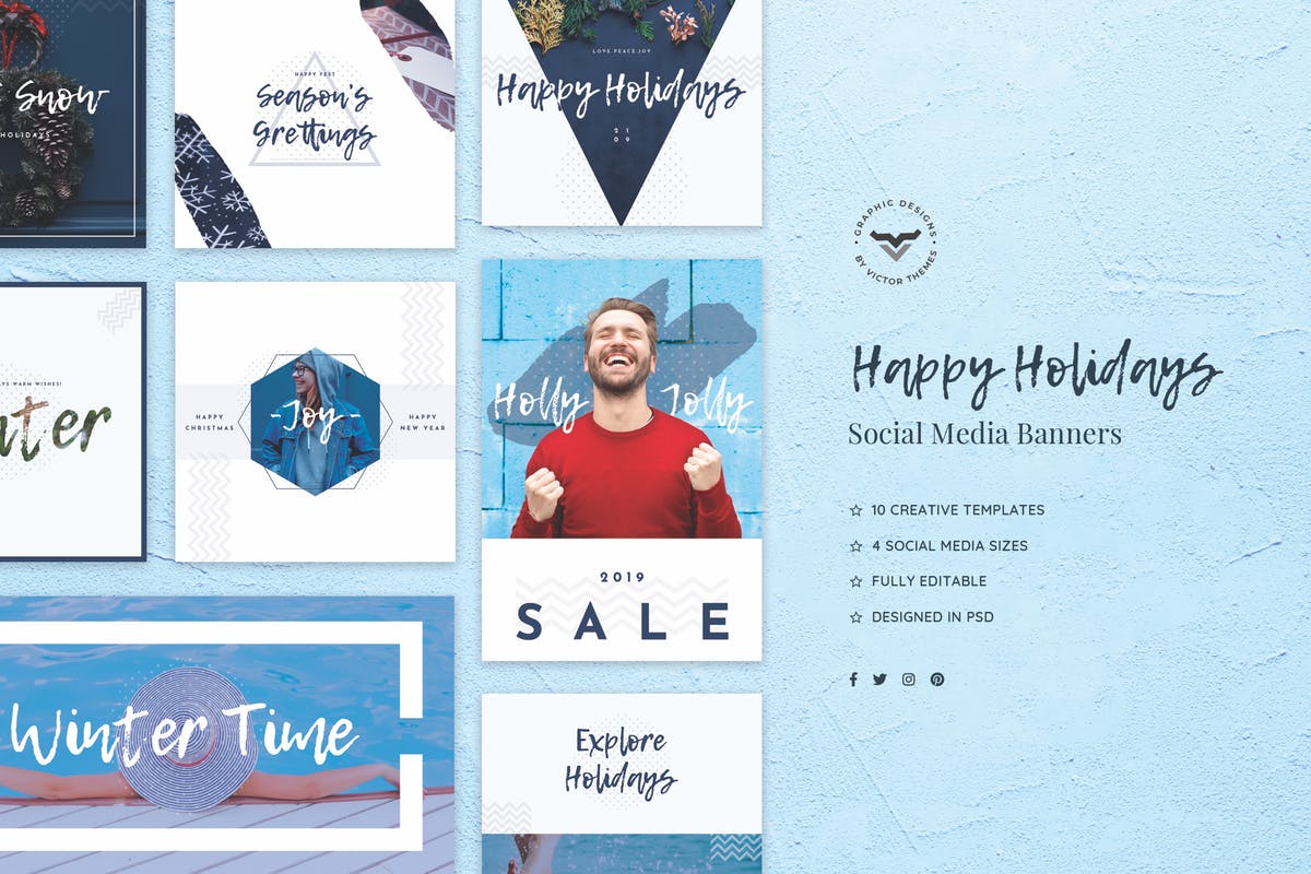 节日社交媒体促销活动Banner设计模板 Happy Holidays Social Media Banners插图