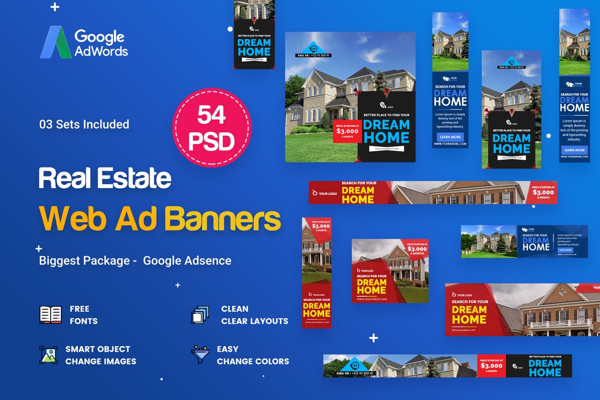 房屋租赁销售房地产行业Banner普贤居精选广告模板 Real Estate Banners Ads – 54 PSD [03 Sets]插图