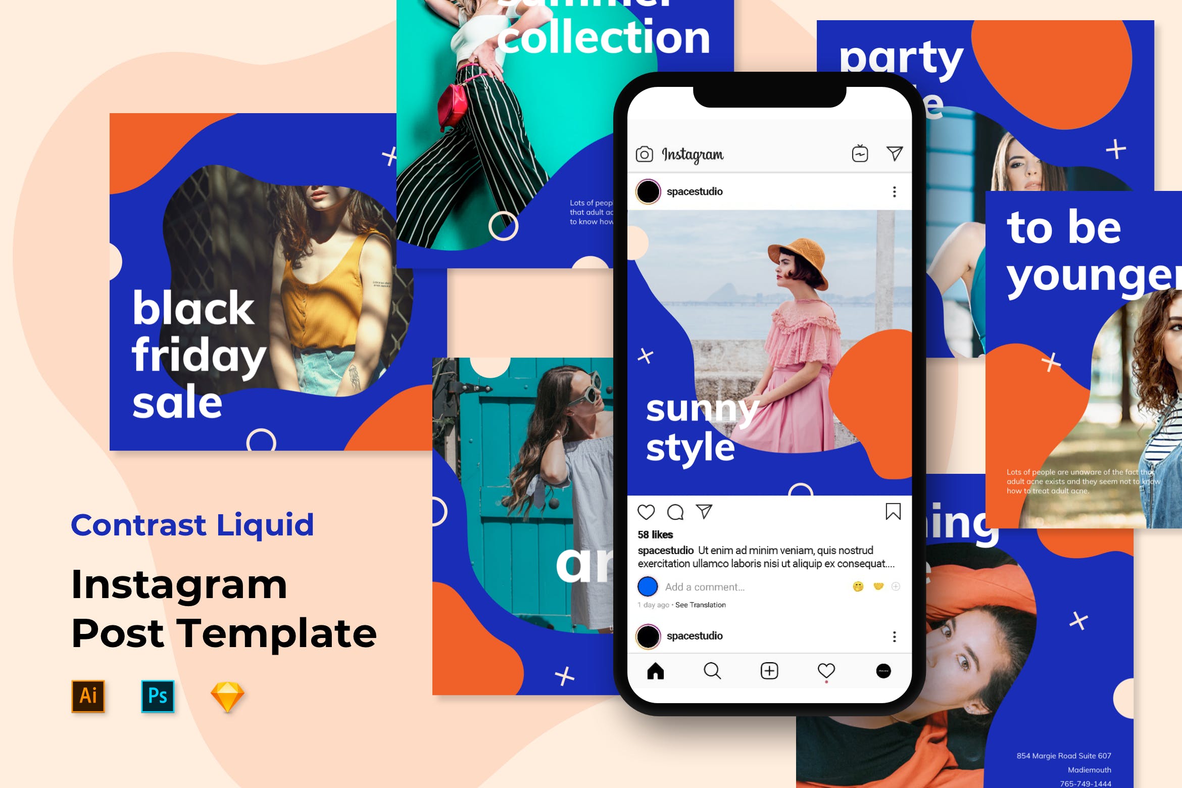 Instagram社交推广孟菲斯液体设计风格模板素材库精选 Instagram Templates Liquid Style插图
