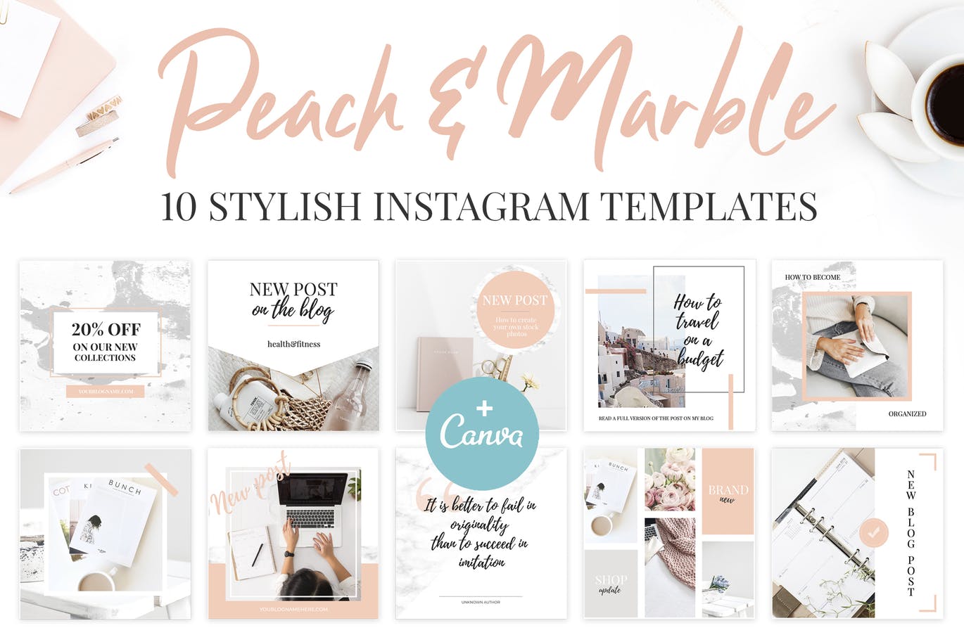 桃色大理石纹理Instagram社交推广设计素材包 Canva Instagram Templates. Peach & Marble插图