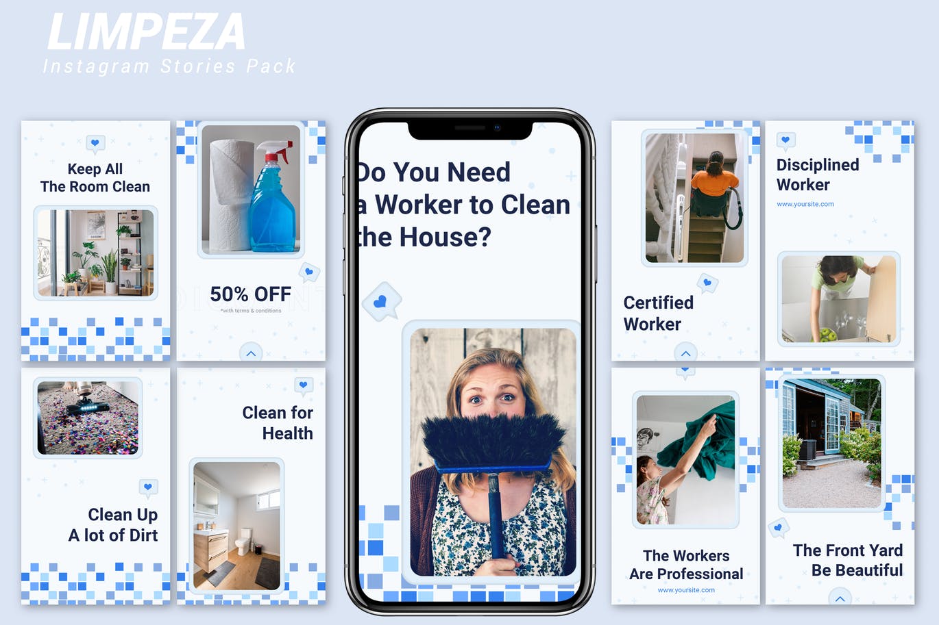 蓝色方块点缀设计风格Instagram品牌故事模板素材库精选 Limpeza – Instagram Story Pack插图