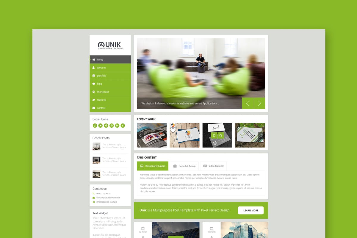 绿色主题创意网站垂直菜单PSD模板素材库精选 Unik – Vertical Menu PSD Template插图
