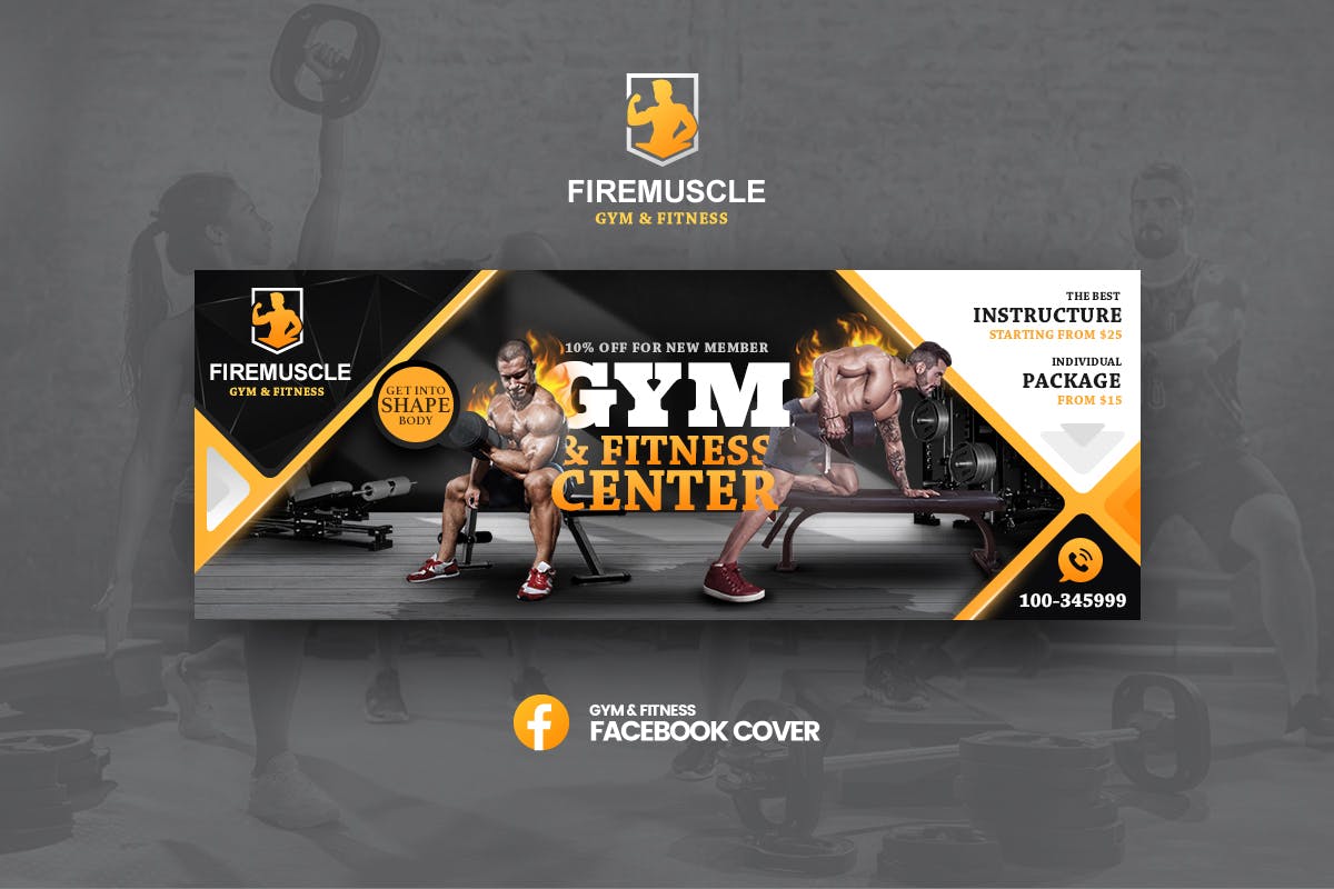 健身房社交Banner素材库精选广告模板素材 Firemuscle Gym & Fitness Facebook Template插图