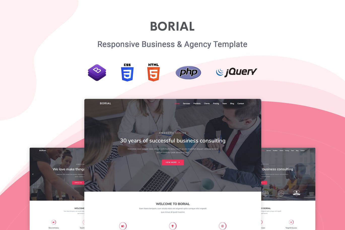 现代简约设计风格企业网站Bootstrap框架HTML模板16设计网精选 Borial – Bootstrap 4 Business & Agency Template插图