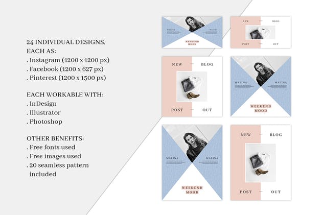 72个现代简洁多功能社交媒体新媒体贴图模板素材库精选 MALINA Social Media Pack & 20 Pattern插图(1)