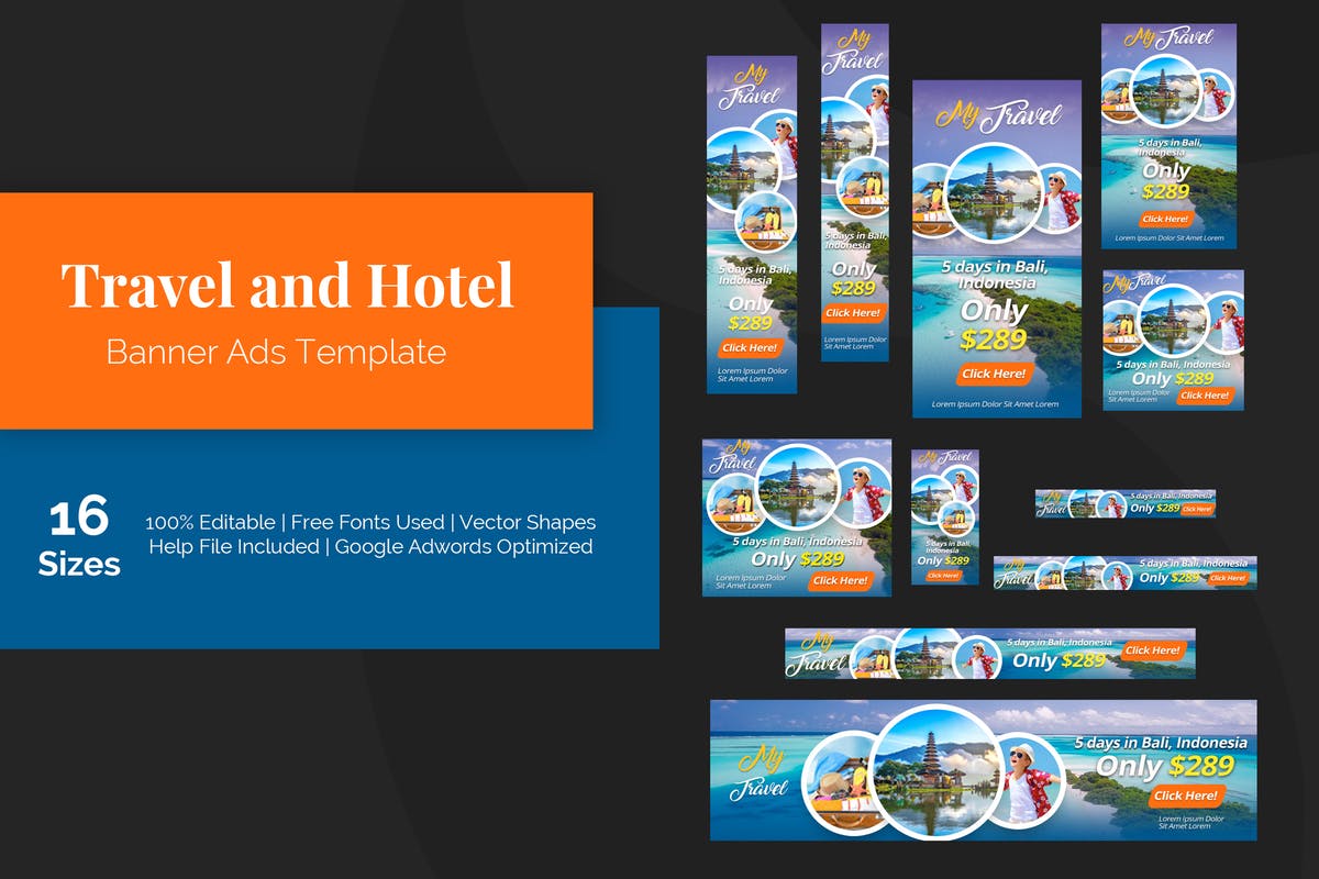 旅行&酒店网站Banner16图库精选广告模板 Travel and Hotel Banner Ads Template插图