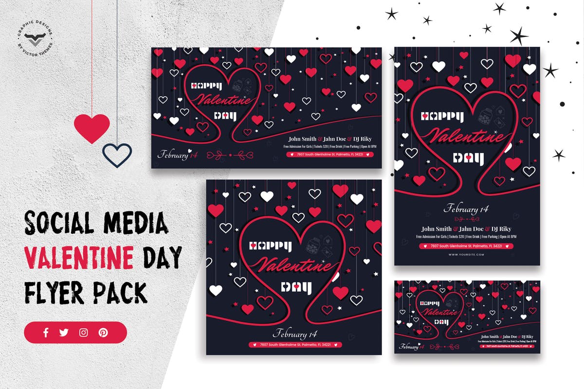 情人节社交媒体贴图海报Banner设计模板素材库精选 Valentines Day Social Media Template插图