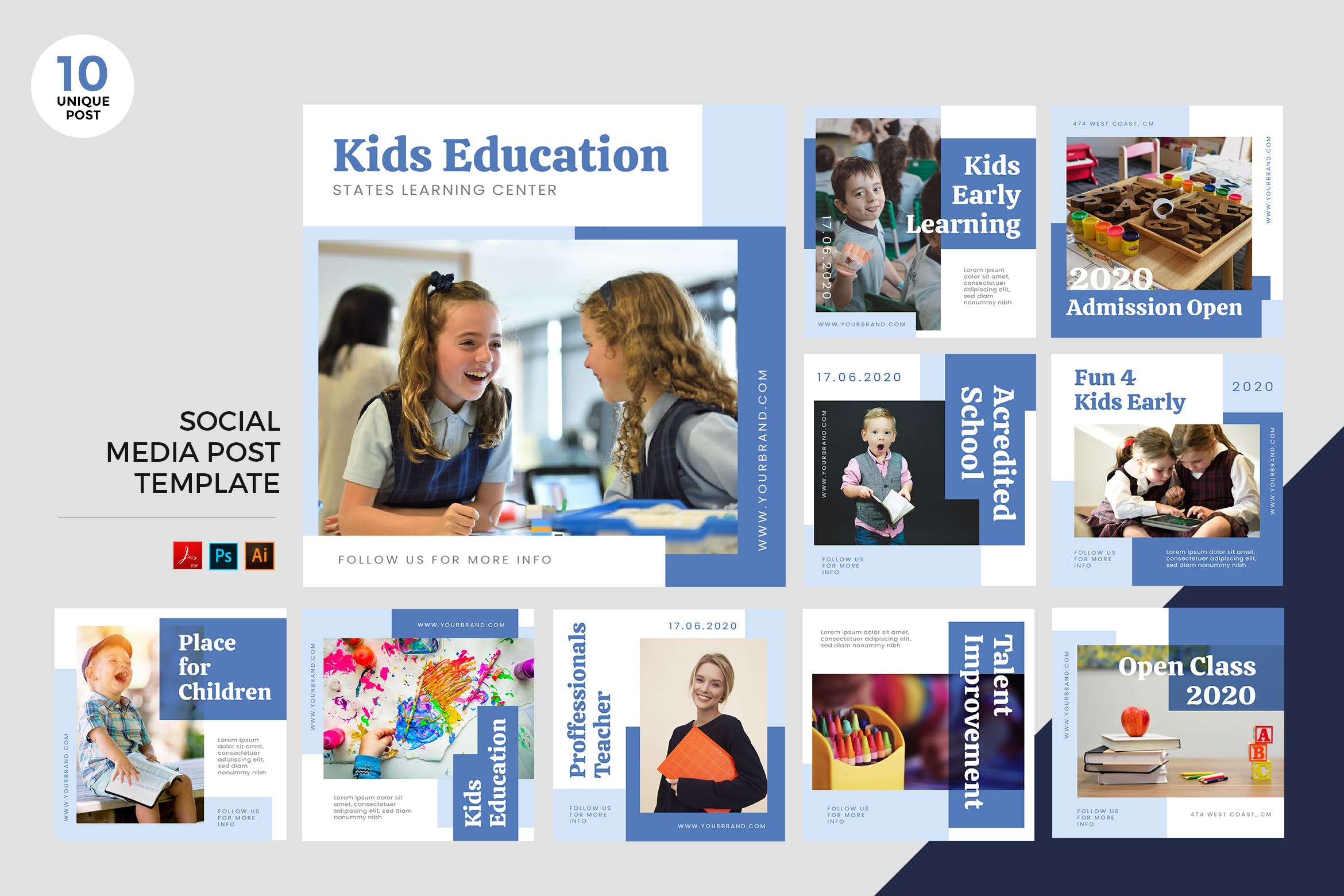 儿童教育主题社交媒体设计素材包 Children Education Social Media Kit PSD & AI插图