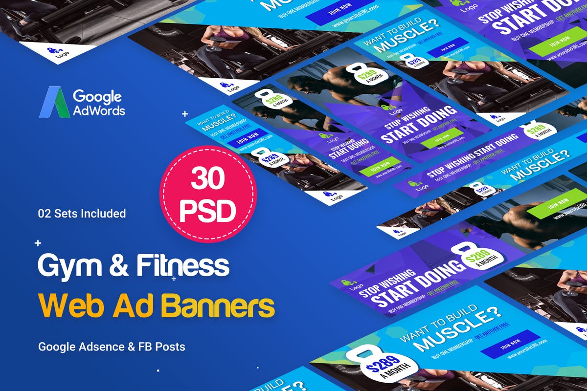 30个健身主题Banner广告图PSD模板素材库精选 Gym & Fitness Banners Ad – 30 PSD [02 Sets]插图