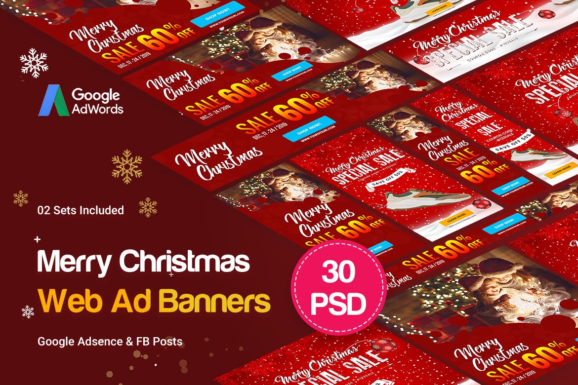 圣诞节主题风格谷歌广告Banner设计模板 Merry Christmas Banners Ad插图(1)