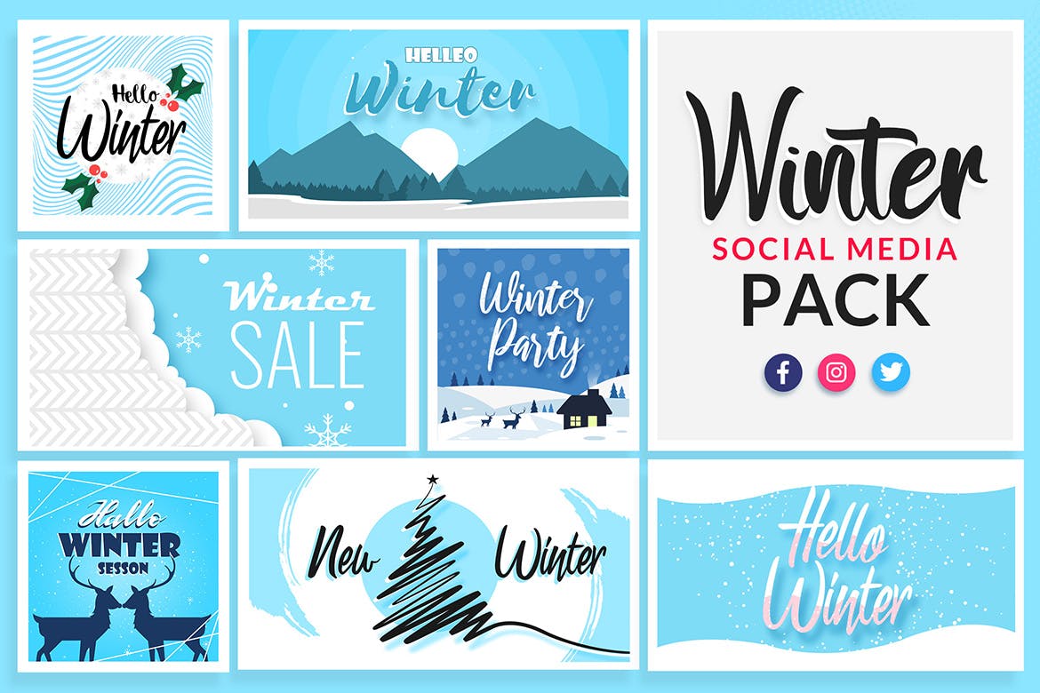 冬季冰雪主题社交媒体设计素材包 Winter Social Media Templates插图(1)