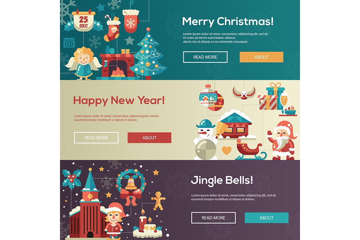 圣诞主题扁平设计风格设计网站横幅矢量插画 Christmas flat design website banners illustration插图(1)