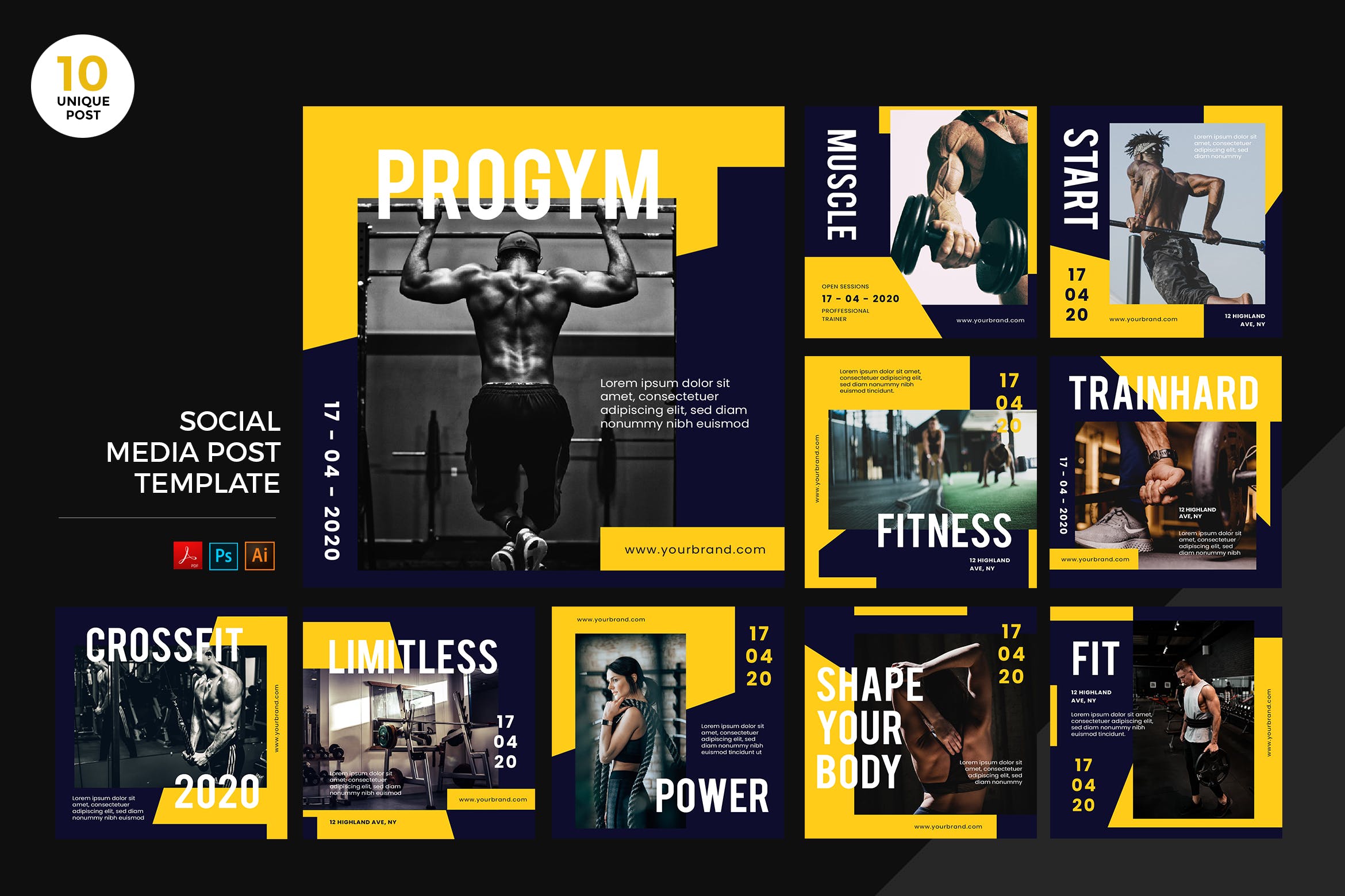 运动健身主题社交媒体设计素材包 Gym Healthy Lifestyle Social Media Kit PSD & AI插图