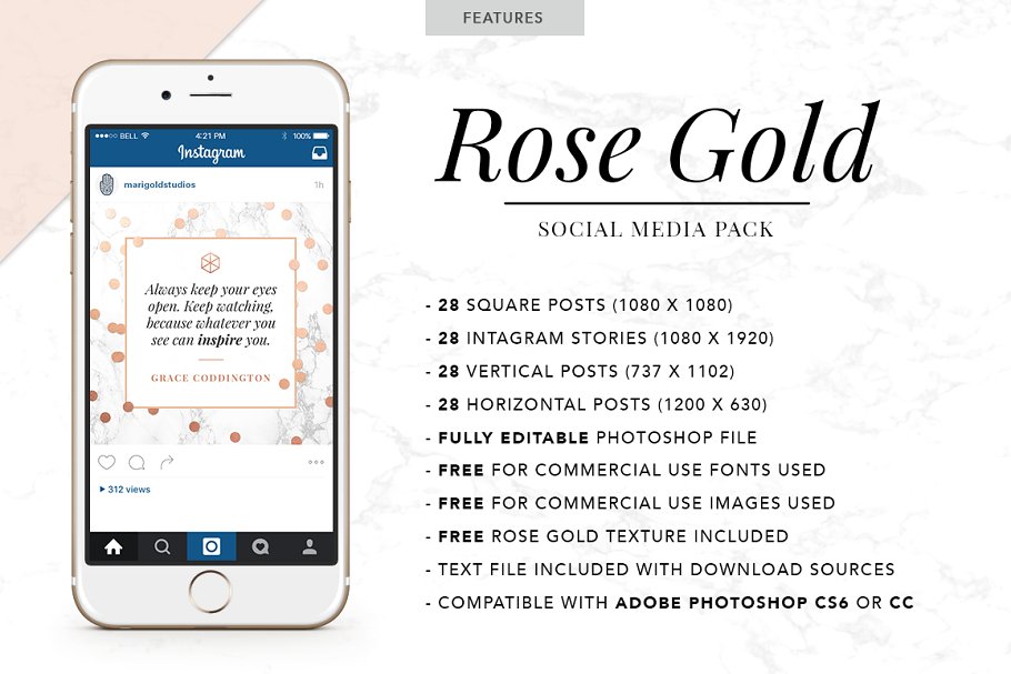 轻奢玫瑰金主题社交媒体贴图模板素材库精选 ROSE GOLD | Social Media Pack插图(1)