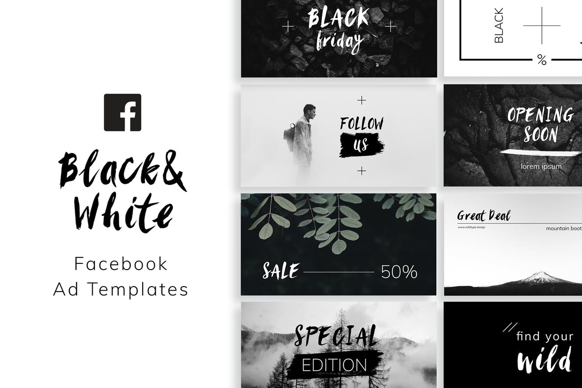 时尚黑白Facebook社交媒体广告模板 Black & White Facebook Ad Templates插图