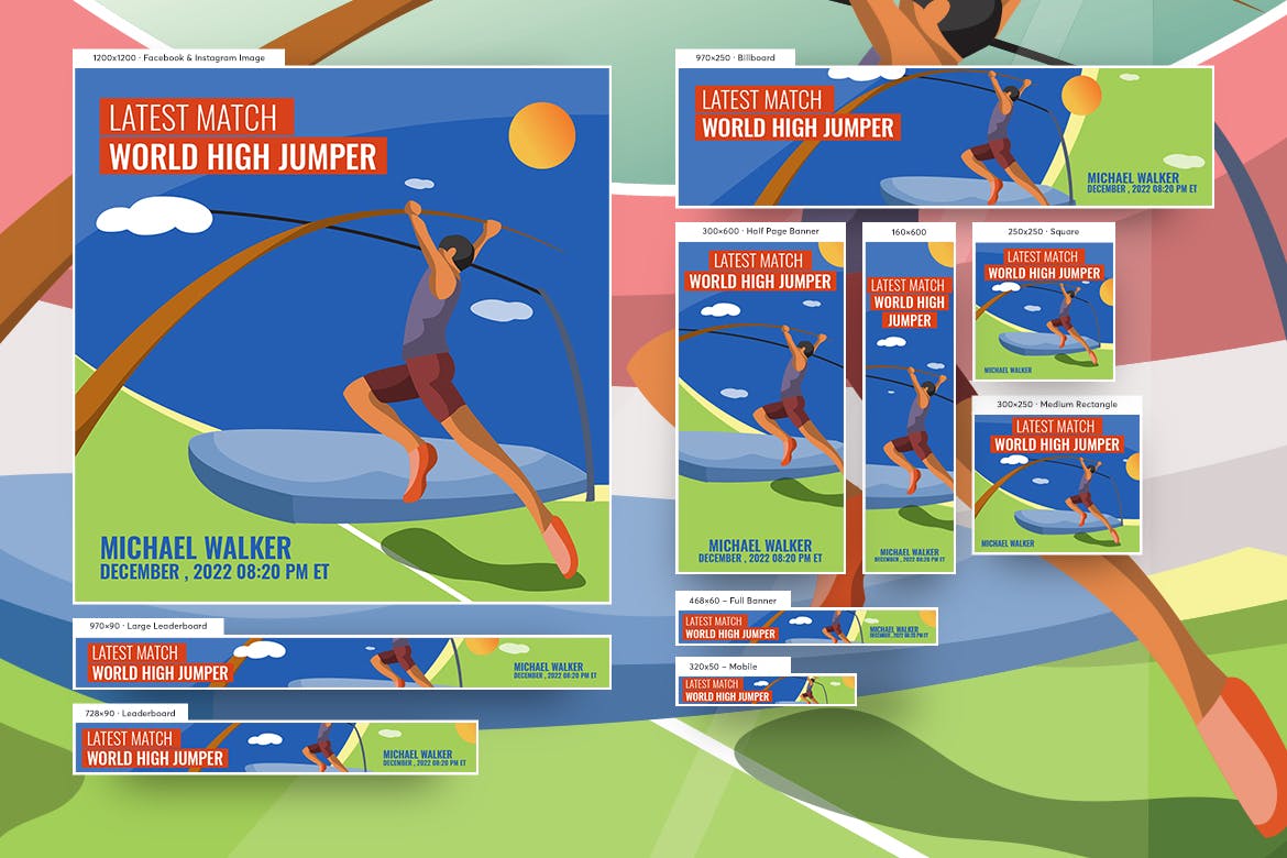 体育运动主题常见尺寸规格网站Banner图设计模板 Male High Jumper Banners Ad Vector Illustration插图(1)