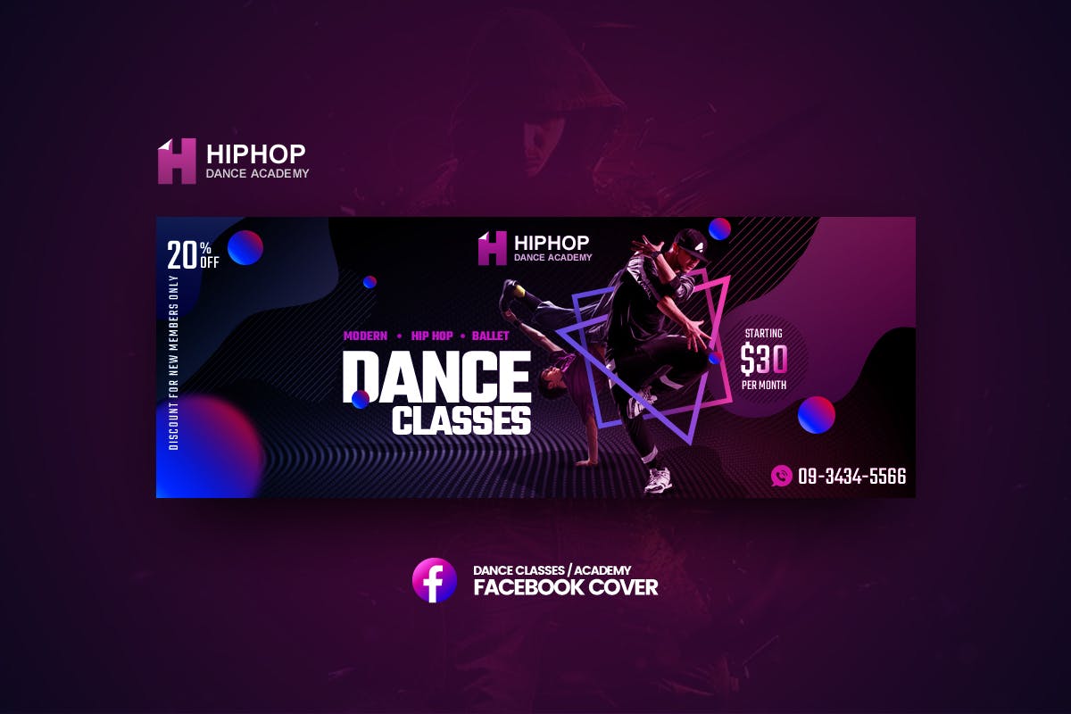 流行街舞舞蹈培训课程Facebook封面模板非凡图库精选 Hiphop – Dance Classes Facebook Cover Template插图