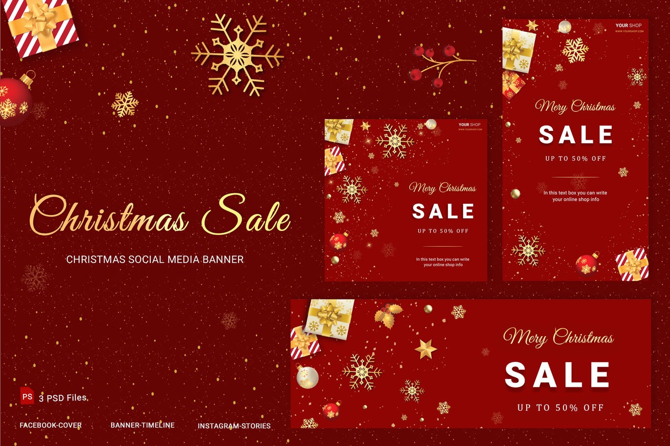社交媒体自媒体圣诞节主题促销活动Banner设计模板素材库精选 Christmas Sale Social Media Banner插图