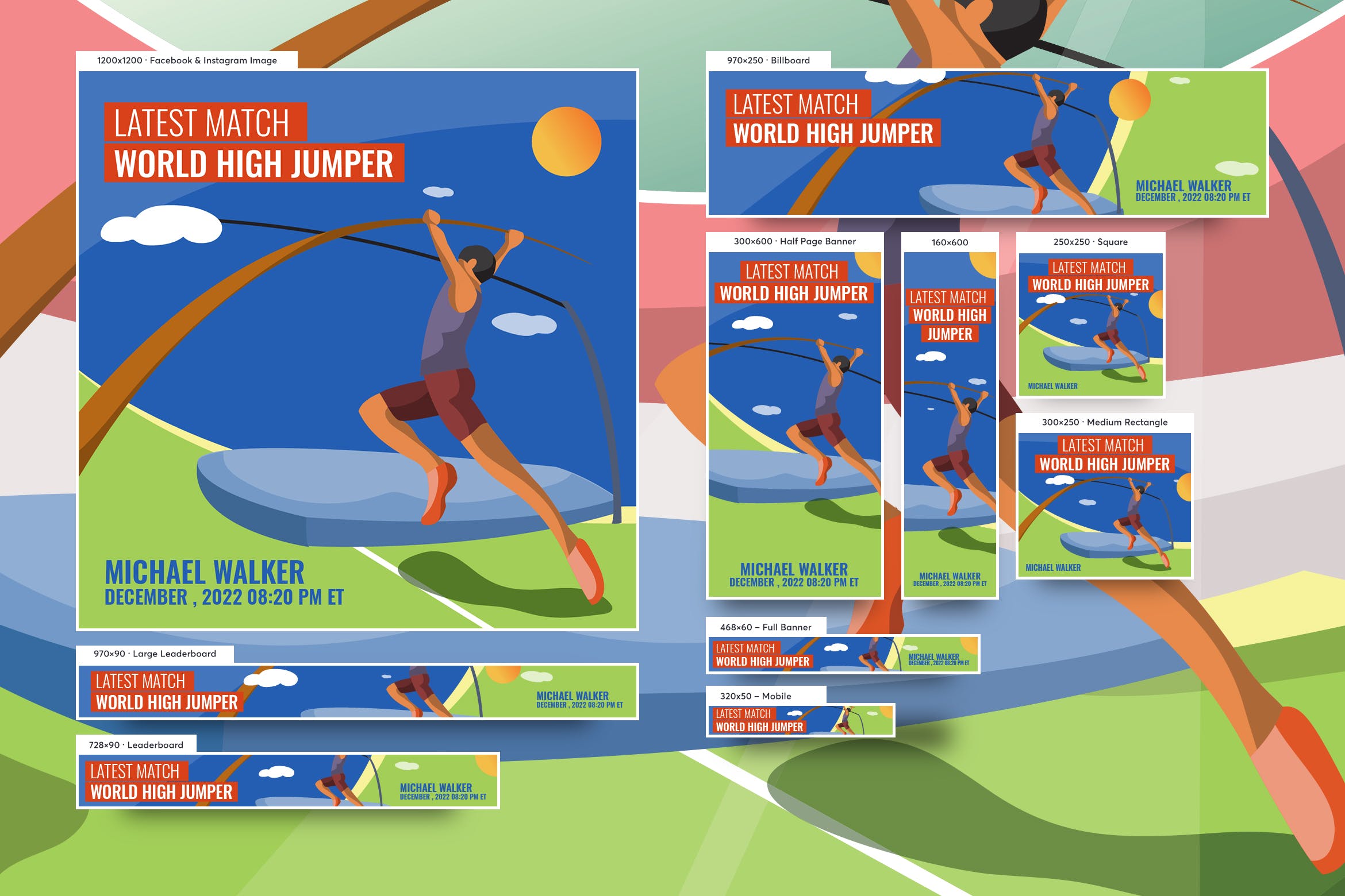 体育运动主题常见尺寸规格网站Banner图设计模板 Male High Jumper Banners Ad Vector Illustration插图