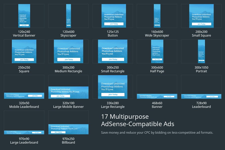 多用途多规格常见尺寸广告图模板非凡图库精选 Multipurpose Vibrant Overlay Ad Set插图(1)
