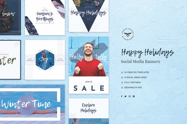 节日社交媒体促销活动Banner设计模板 Happy Holidays Social Media Banners插图(1)