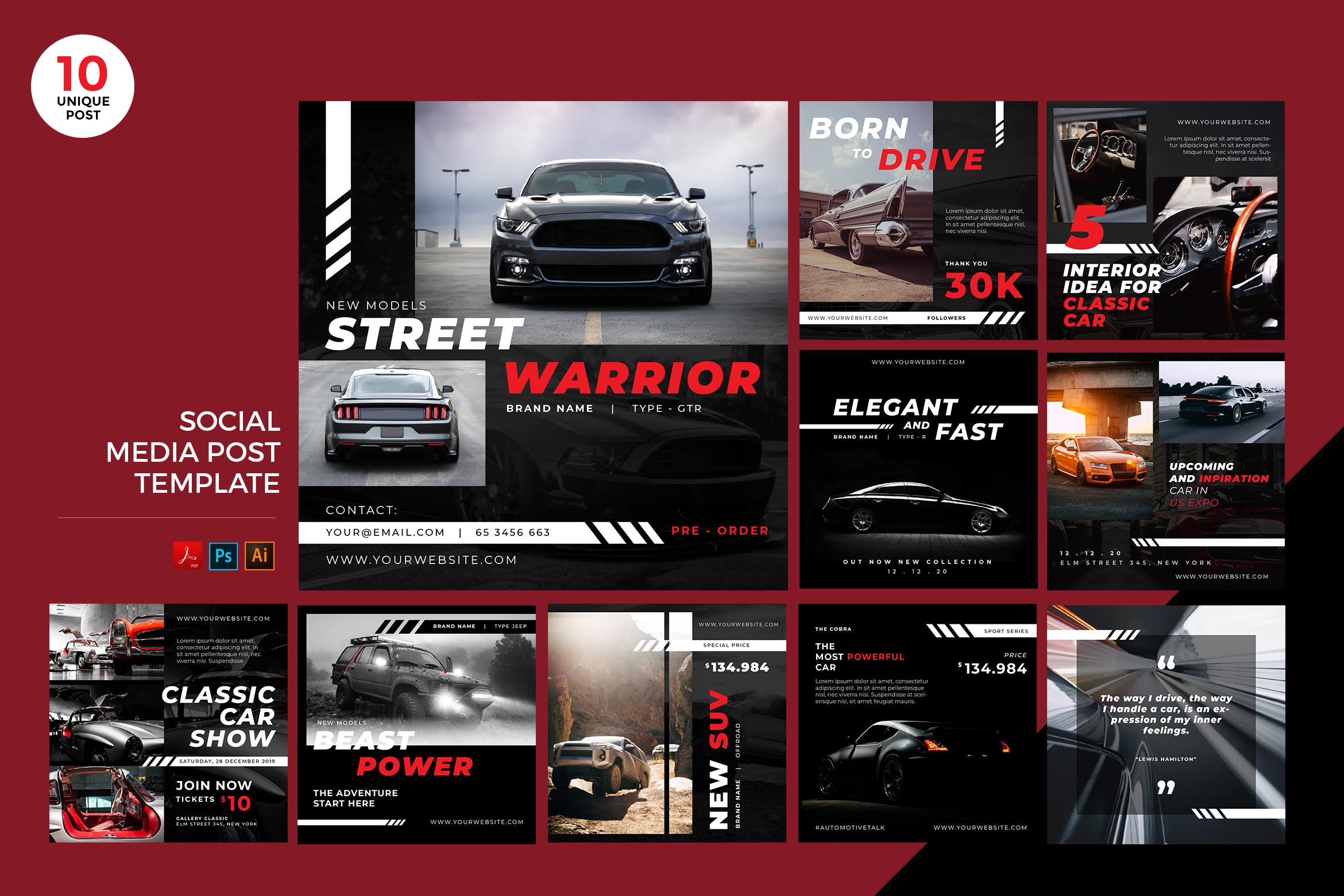 汽车品牌营销社交媒体设计素材包 Car Automotive Social Media Kit PSD & AI Template插图