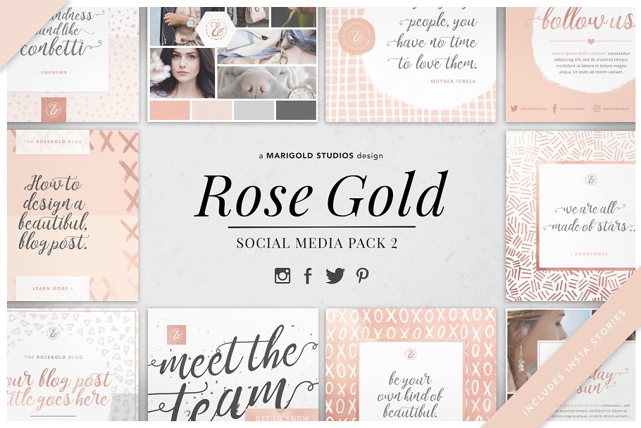女性化社交媒体贴图模板非凡图库精选 ROSE GOLD | Social Media Pack 2插图