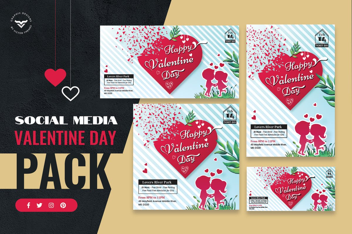 情人节社交媒体Banner广告PSD模板非凡图库精选套装 Valentines Day Social Media Template插图