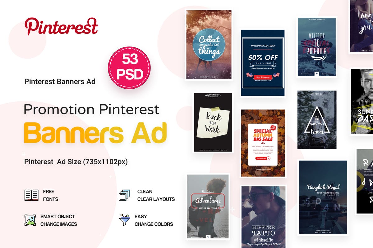 53个Pinterest社交媒体Banner素材库精选广告模板 Pinterest Pack Banners Ad – 53 PSD插图