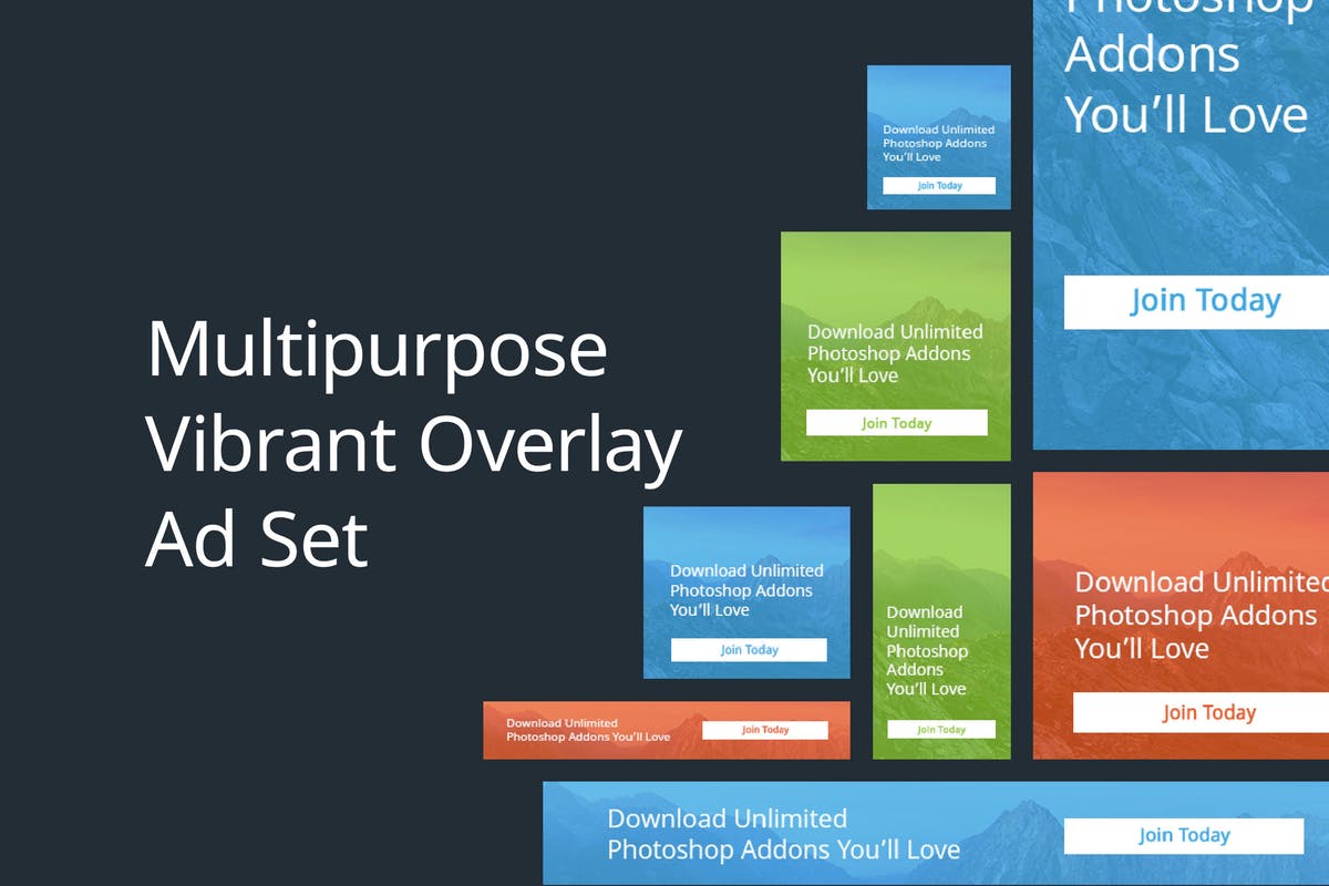 17个多用途AdSense尺寸兼容非凡图库精选广告模板素材 Multipurpose Vibrant Overlay Ad Set插图