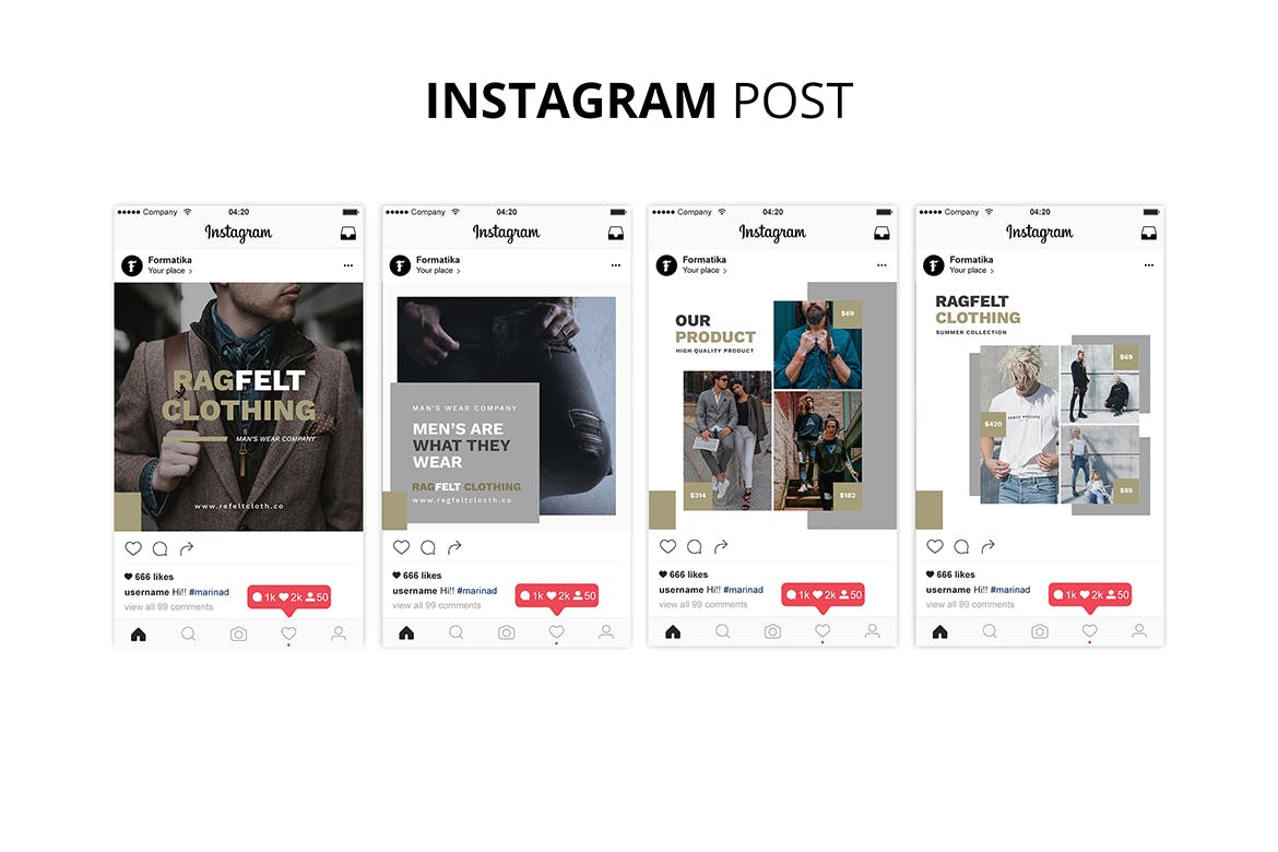 男装品牌推广Instagram贴图设计模板素材库精选 Ragfelt Man Fashion Instagram Post插图(2)