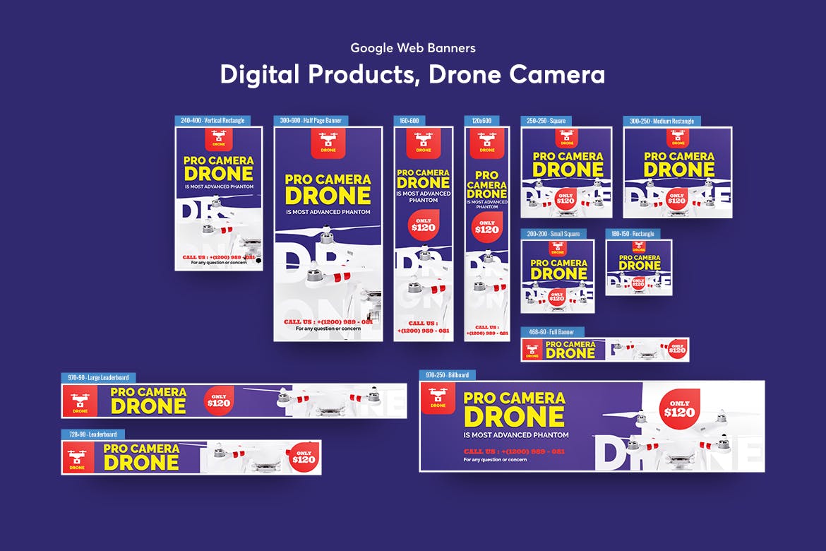 无人机产品展示Banner横幅素材库精选广告模板 Drone Product Showcase Banners Ad插图(1)