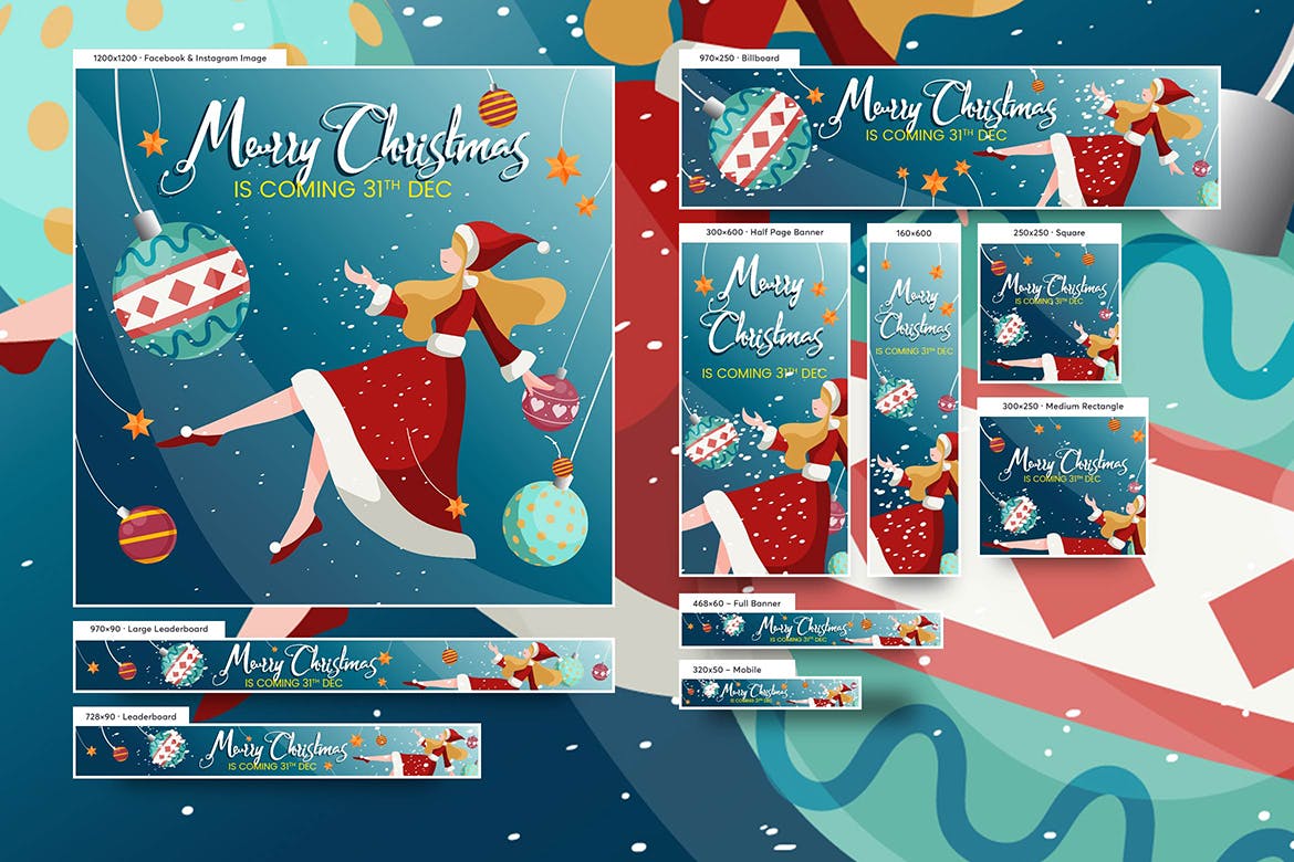 美丽小女孩插画圣诞节主题广告Banner图设计模板 Merry Christmas Beautiful Girl Banners Ad插图(1)