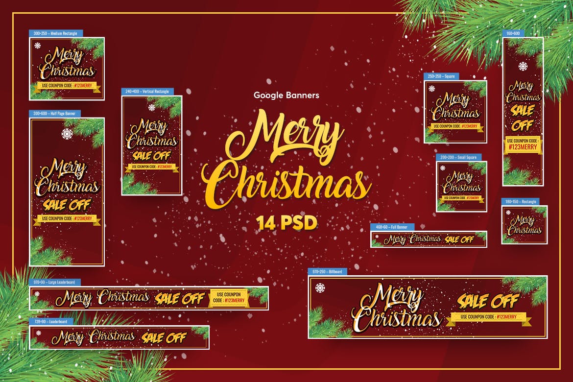 圣诞节主题谷歌广告Banner设计全尺寸套装模板v1 Merry Christmas Banners Ad PSD Template插图(1)