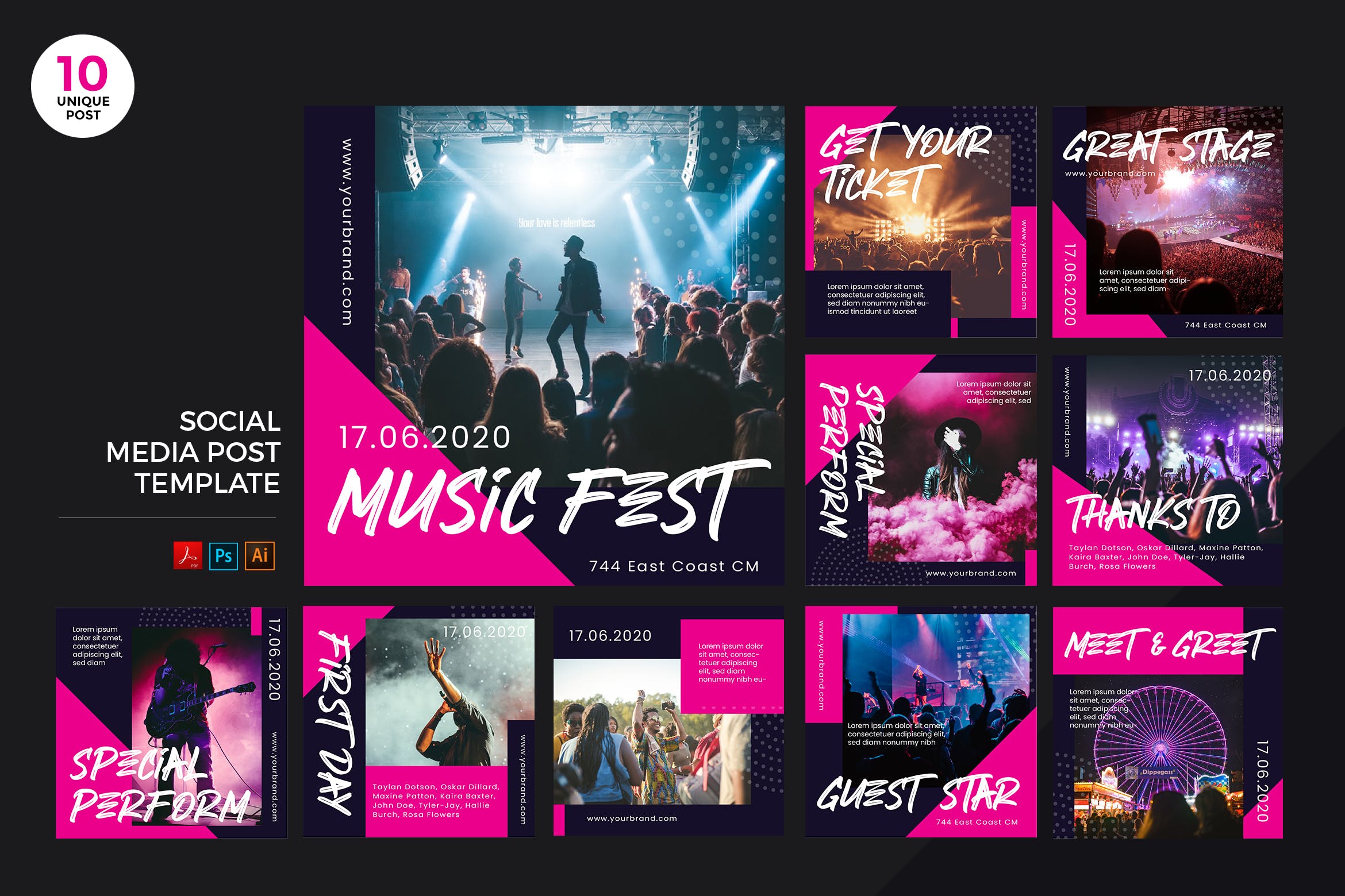 音乐节宣传社交媒体设计素材包 Music Festival Social Media Kit PSD & AI插图
