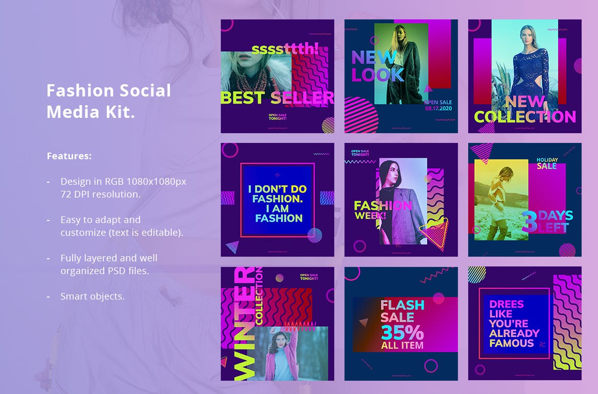 时尚行业主题渐变设计风格社交媒体推广设计素材 Social Media Kit Fashion Gradient插图(2)