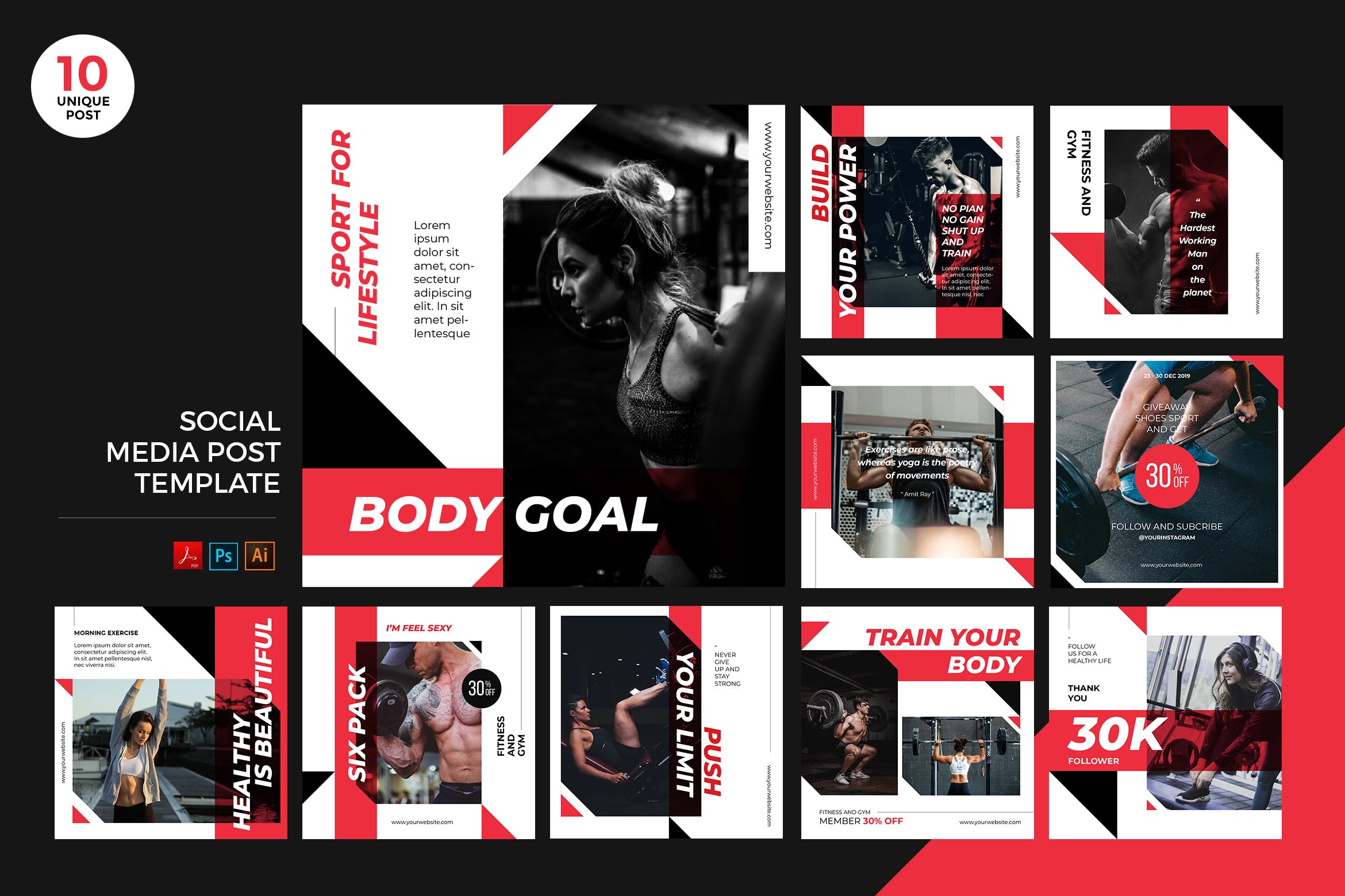 健身训练主题社交媒体设计素材包 Gym Training Social Media Kit PSD & AI Template插图