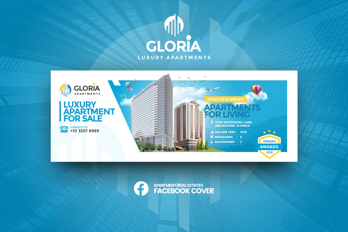 高级公寓出售出租社交素材库精选广告模板 Gloria – Apartmens Facebook Cover Template插图