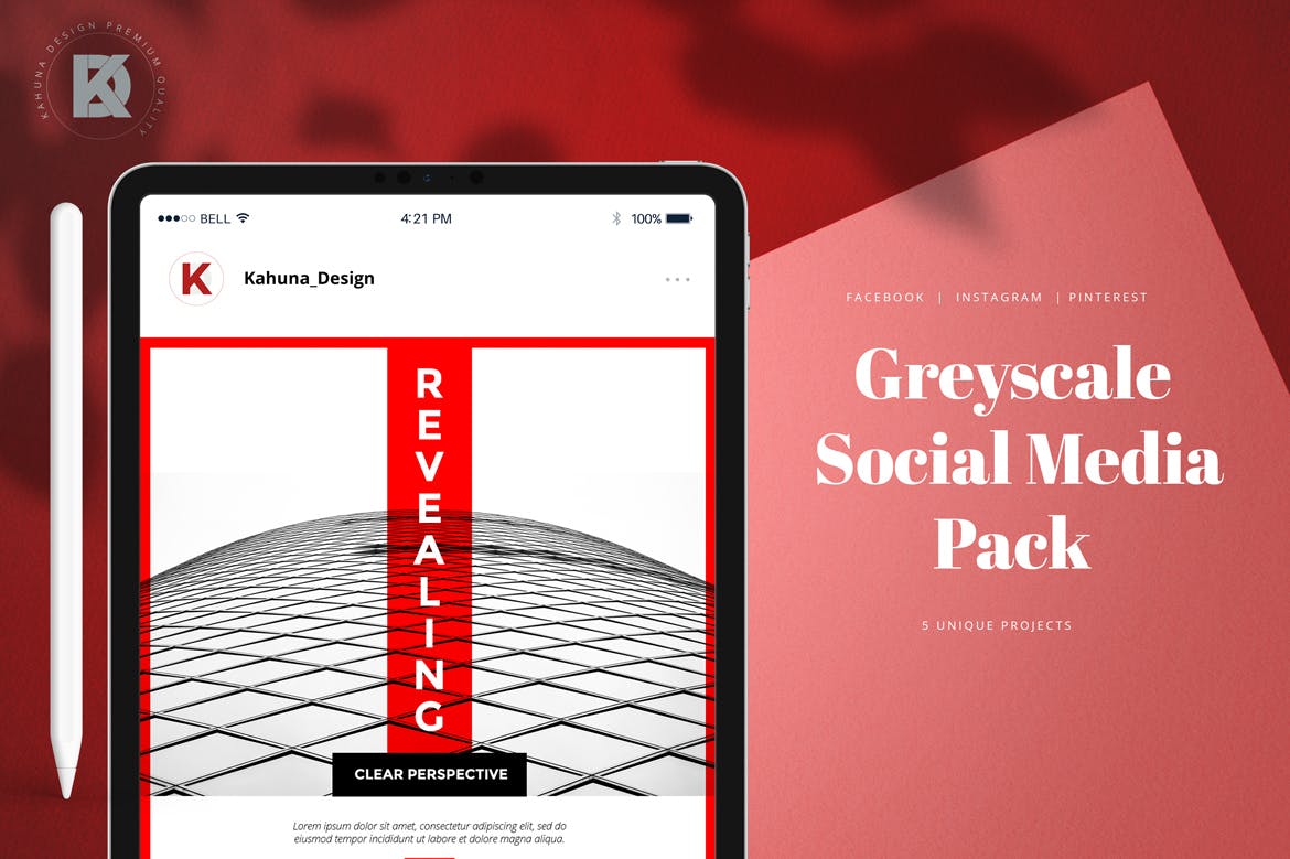 灰度红创意社交媒体普贤居精选广告模板素材 Greyscale Red Social Media Pack插图(1)